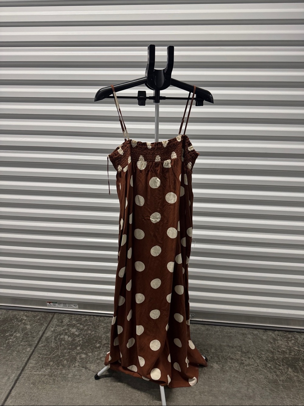 Brown Polka Dot Maxi Dress with Smocked Bodice